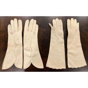 Set of 2 Ladies Vintage Cream Gloves- Formal, Evening, Floral Embroidered
